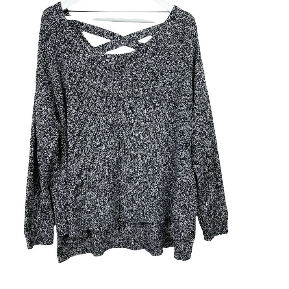 LANE BRYANT Womens Plus 26/28 Black Marled Criss Cross Back Long Sleeve Sweater